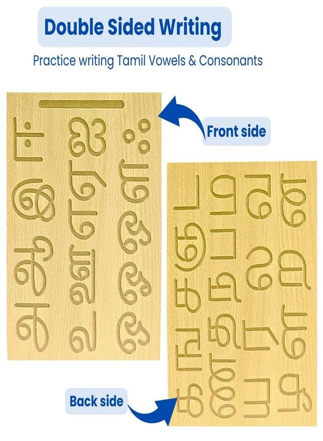 TOYJOS Wooden Tracing Board for Kids - Tamil Alphabet Letters Engraved Double-Sided Learning Tool - Montessori Learning Writing Slate with Stylus Pen for Ages 2-5 Years (Pack of 1) - Image 2